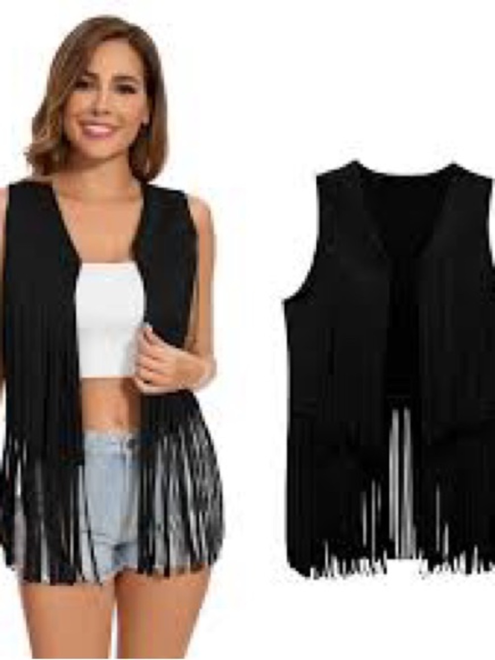 Black leather Fringed Open-Front Women's Vest - Sleek Layering Piece